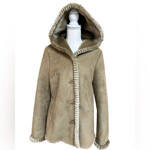 Jones New York Tan Beige Faux Suede Hooded Winter Jacket Coat Hip Length Medium